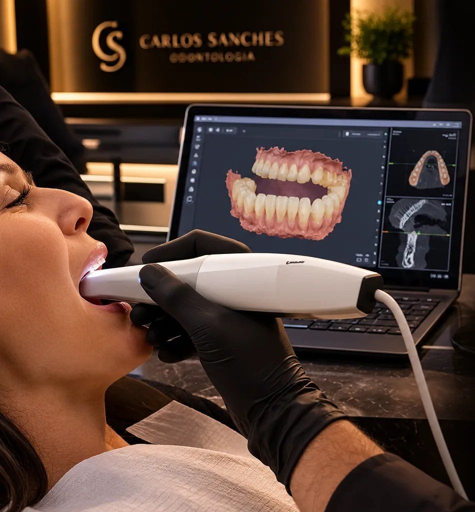 Escaneamento intraoral com o modelo 3D do sorriso aparecendo na tela